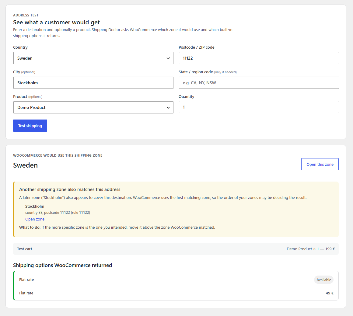 Shipping Doctor Address Test showing the matched shipping zone and Flat Rate result