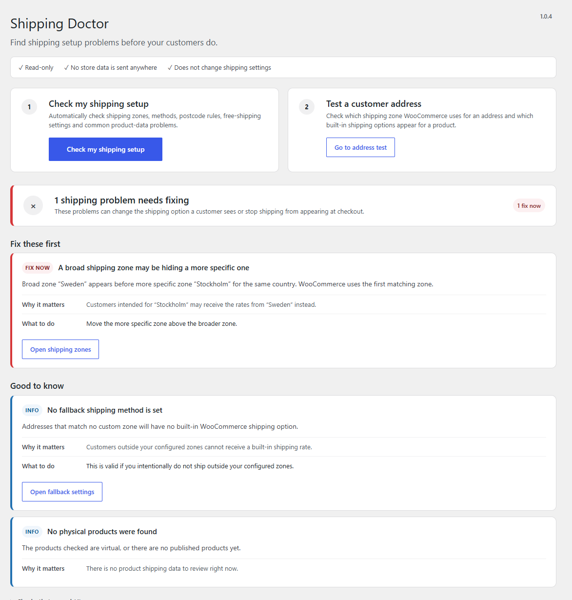 Shipping Doctor Health Check showing a WooCommerce shipping zone ordering problem