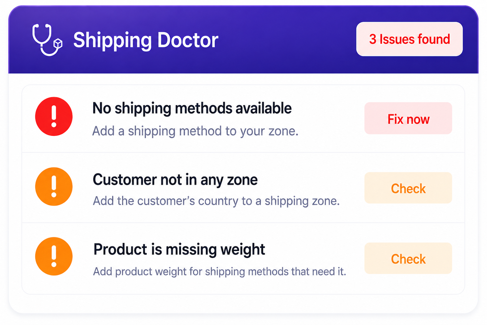 Shipping Doctor preview card showing three shipping issues